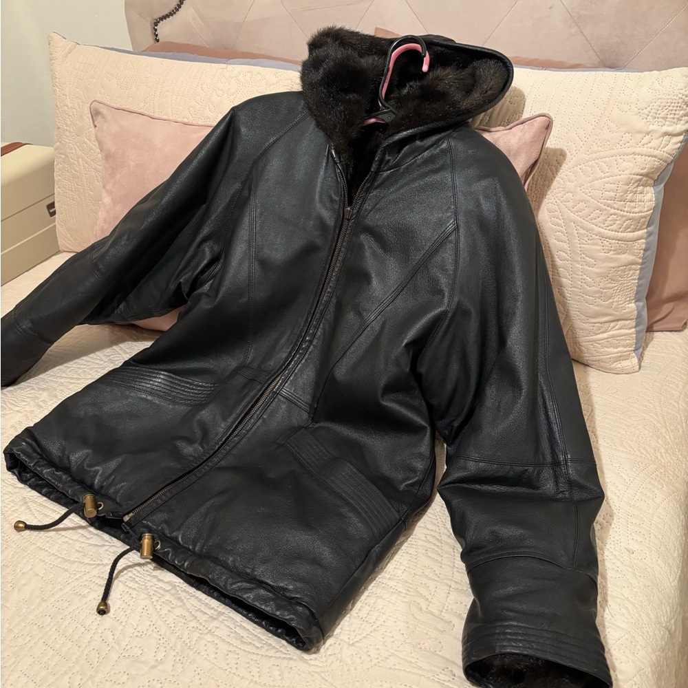 Men's Black Leather Jacket with reversible wear, Fur Trim